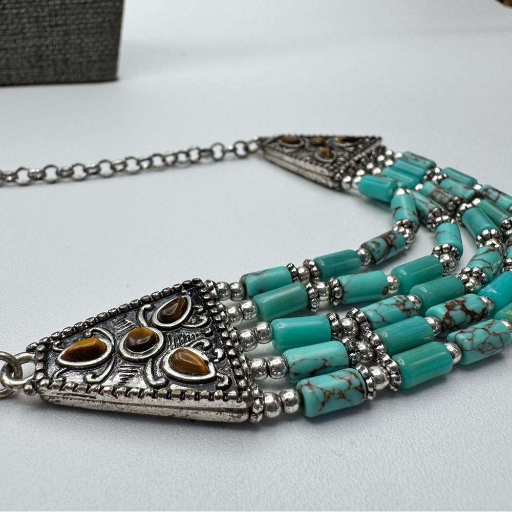 Vintage Turquoise Silver Adjustable Necklace Gemstone Embossed - Picture 6 of 12